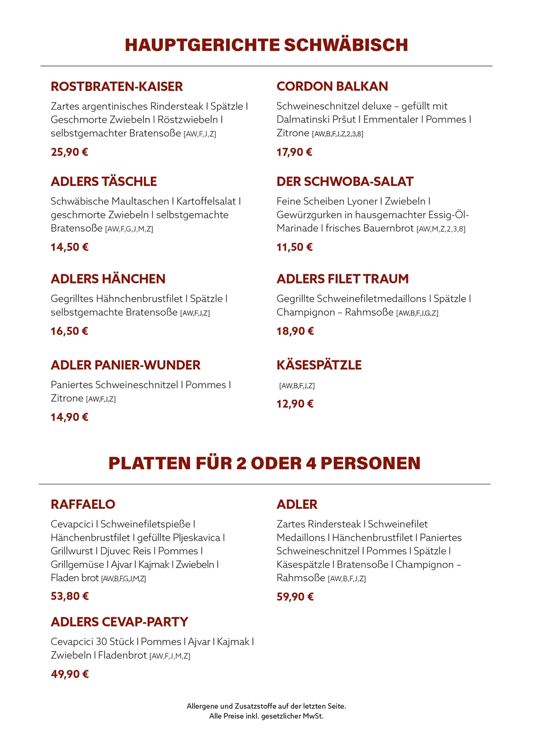 Gasthaus Adler - Restaurant - Menükarte