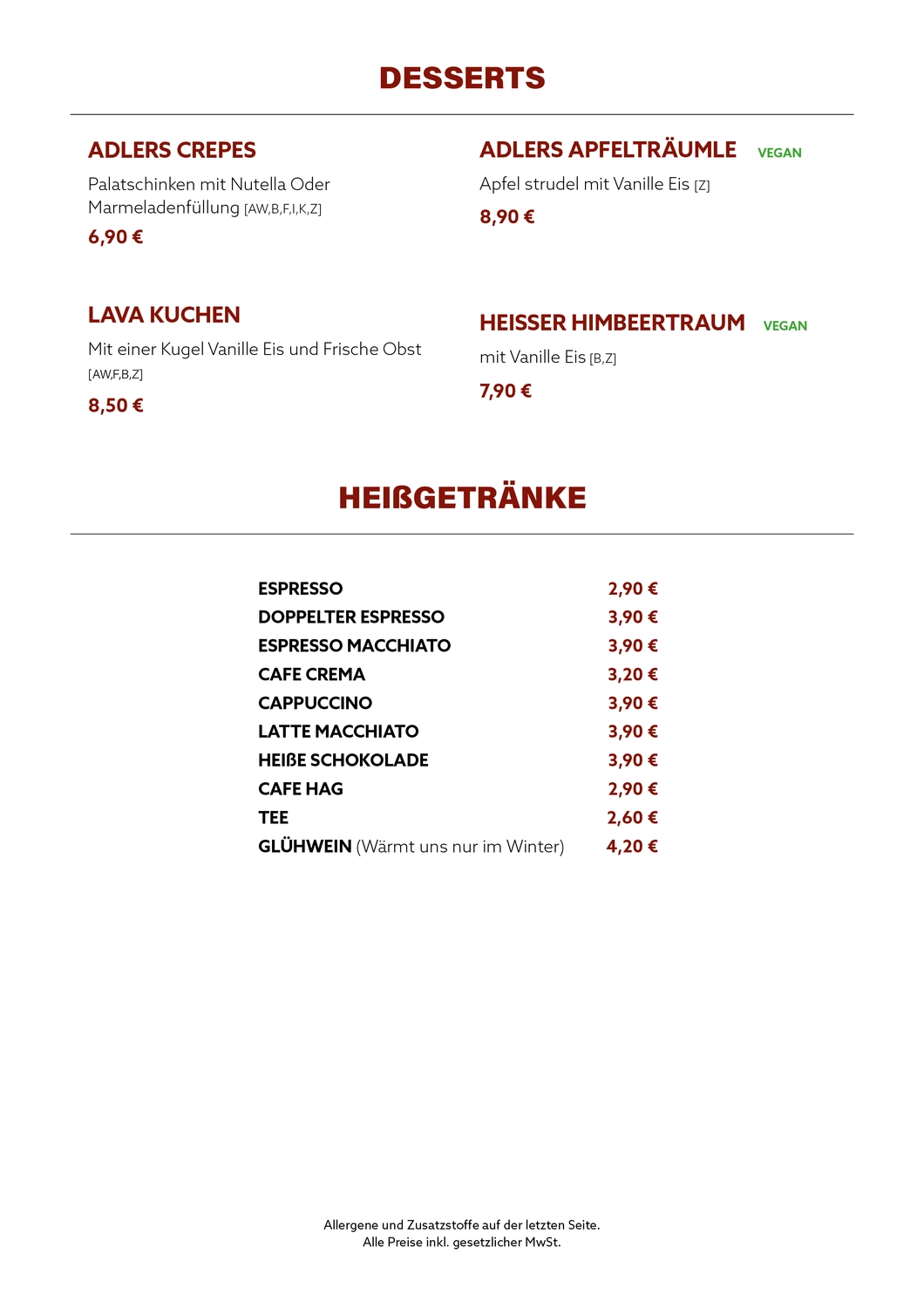 Gasthaus Adler - Restaurant - Menükarte