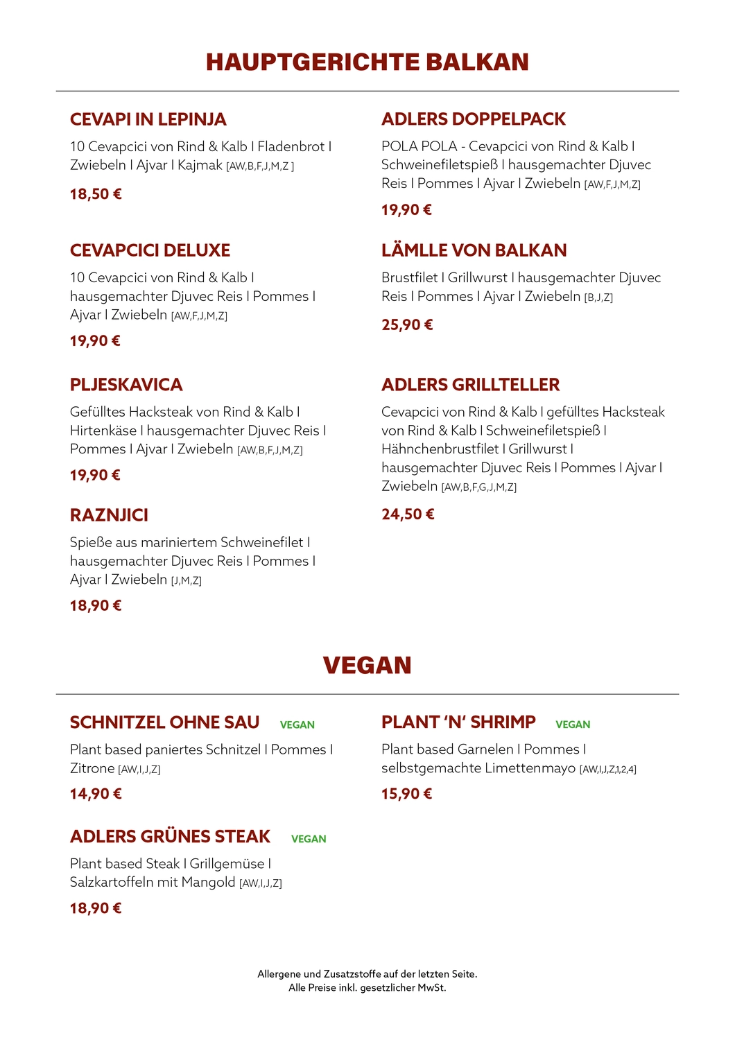 Gasthaus Adler - Restaurant - Menükarte